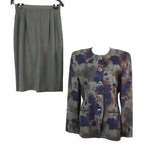 Vintage 80s 90s Jacqueline Ferrar Gray Purple Floral Skirt Suit 2 Piece Set 10